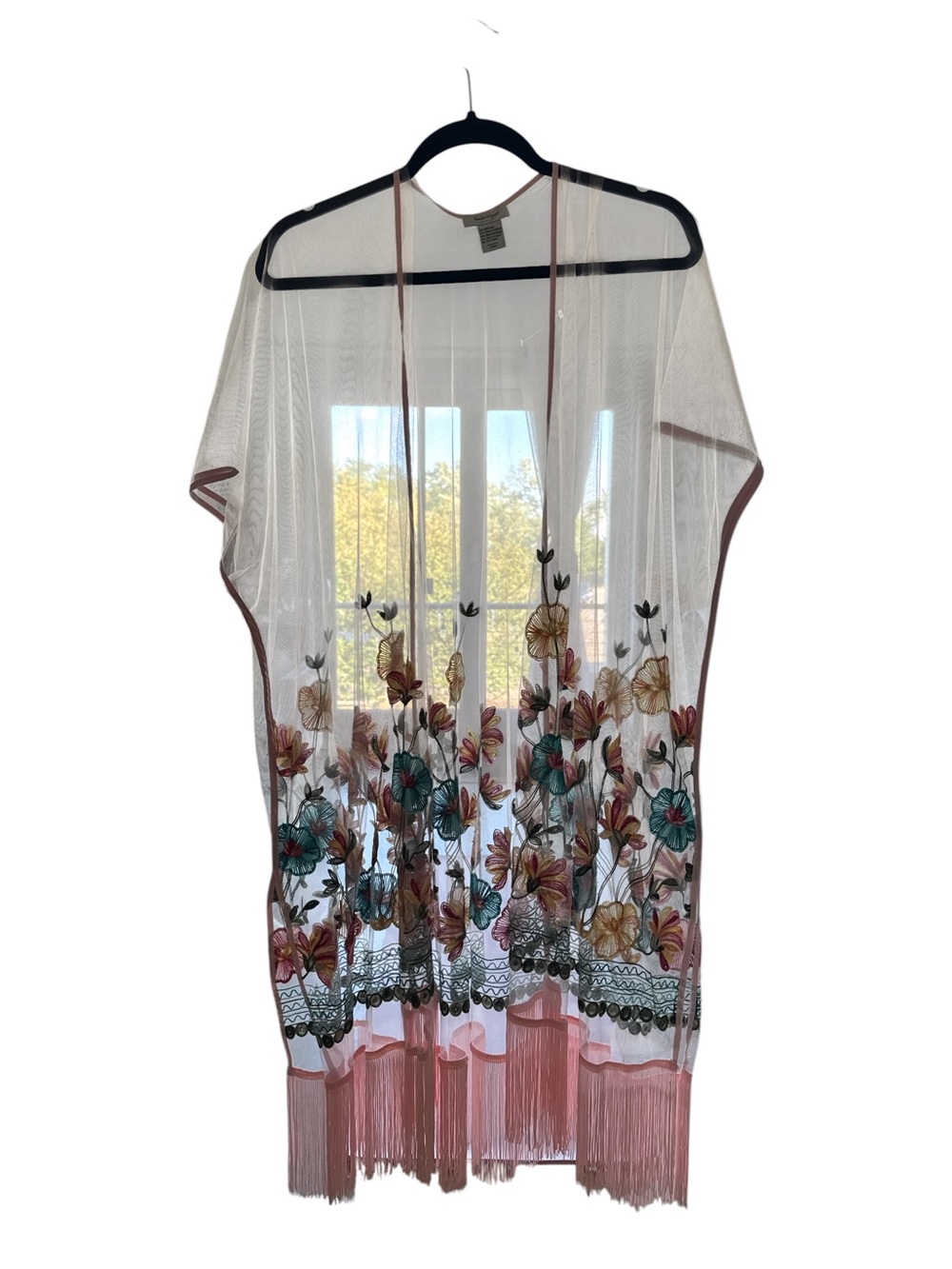 Haute Hippie Sheer Floral Embroidered Kimono in Pink and Teal